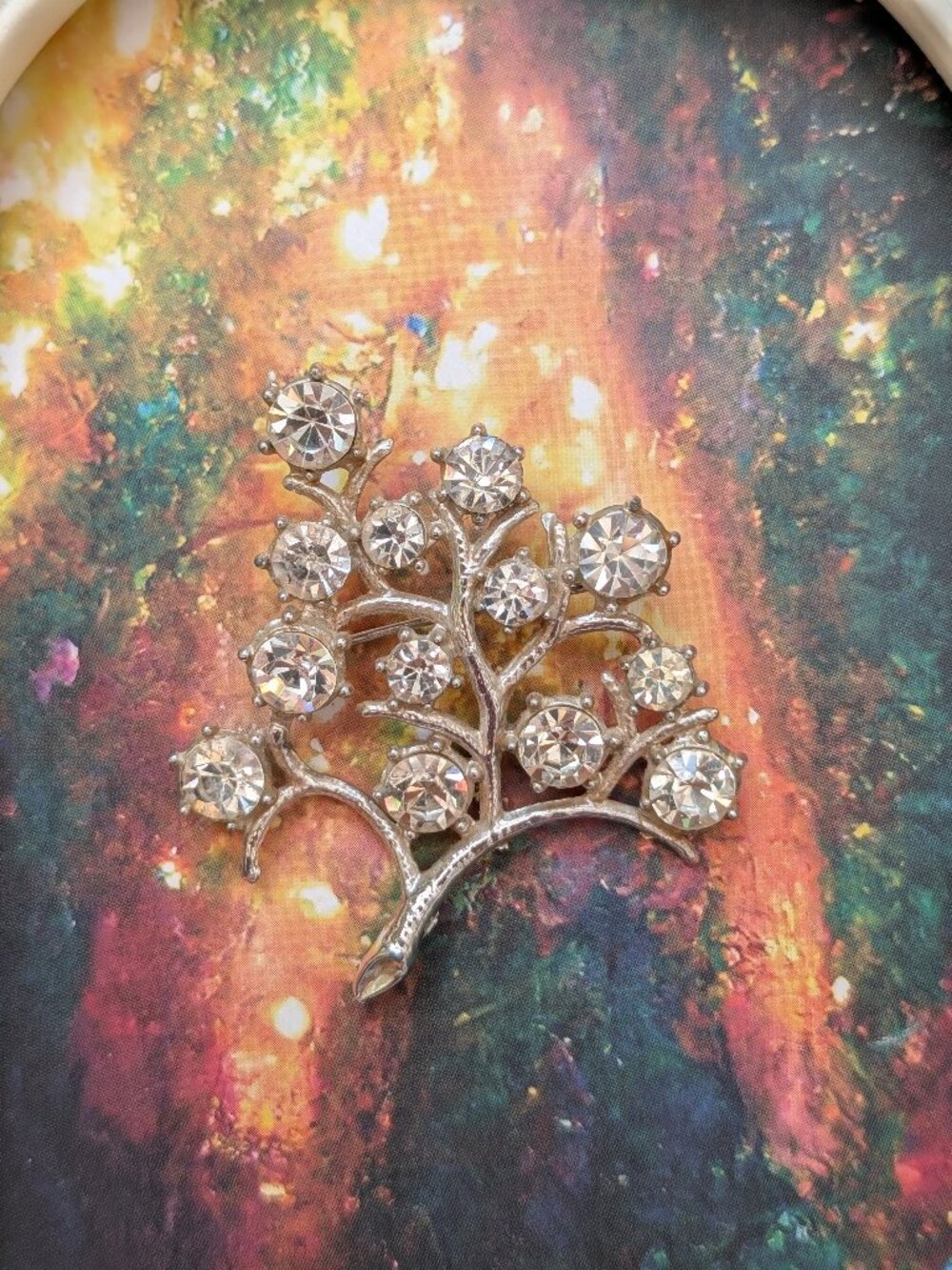 Vintage silver tone Tree of Life Brooch with Rhinestones